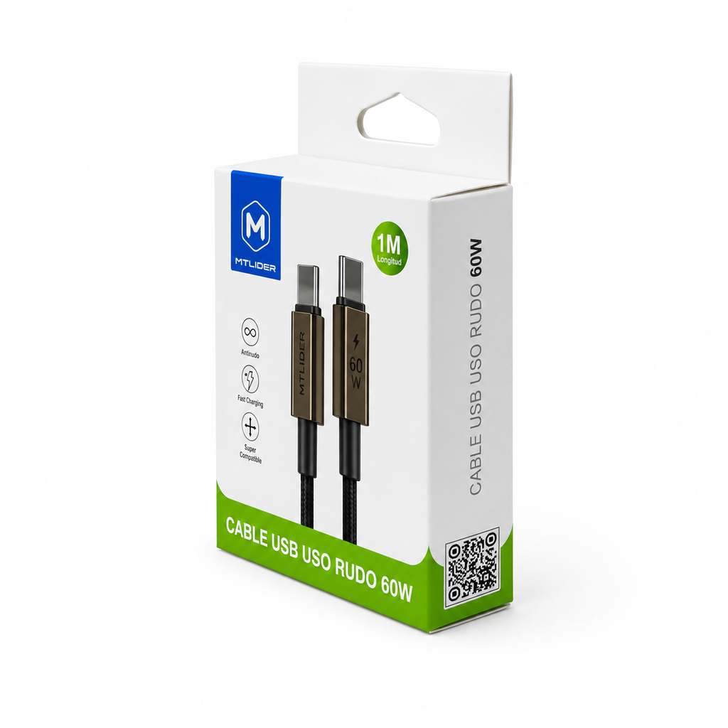 Cable USB-C a USB-C Uso Rudo 60W Carga Rápida 1 Metro | Mt Líder