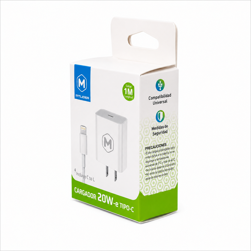 Cargador 20W Tipo-C con Cable Lightning 1M MTlider – Carga Rápida iPhone