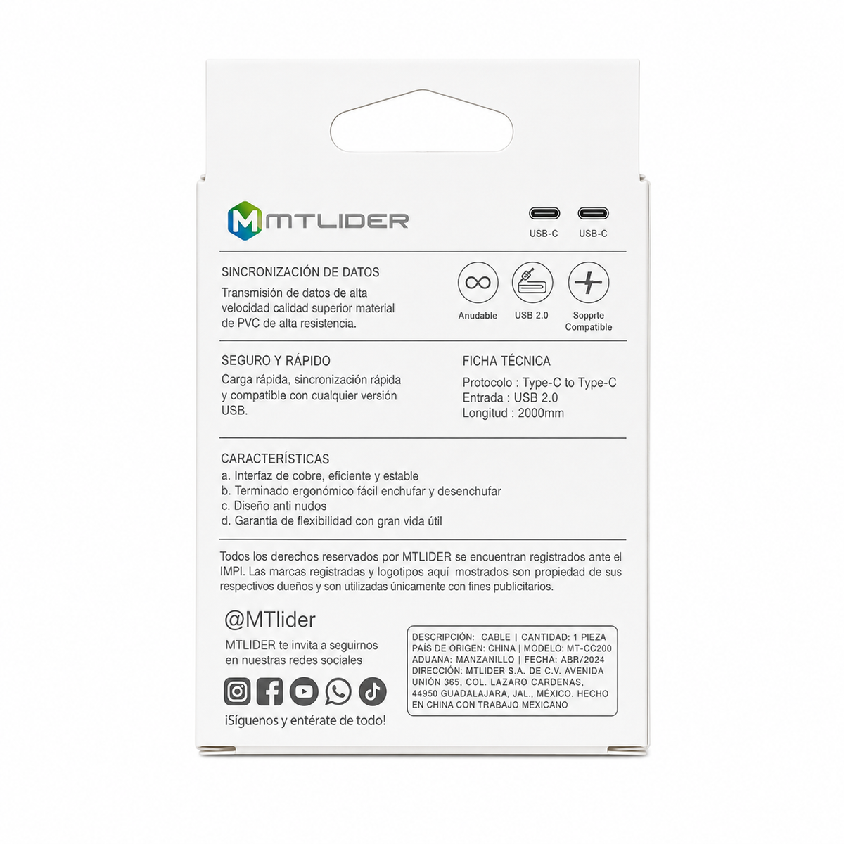 Cable USB-C a USB-C 40W MTLider 2M Carga Rápida