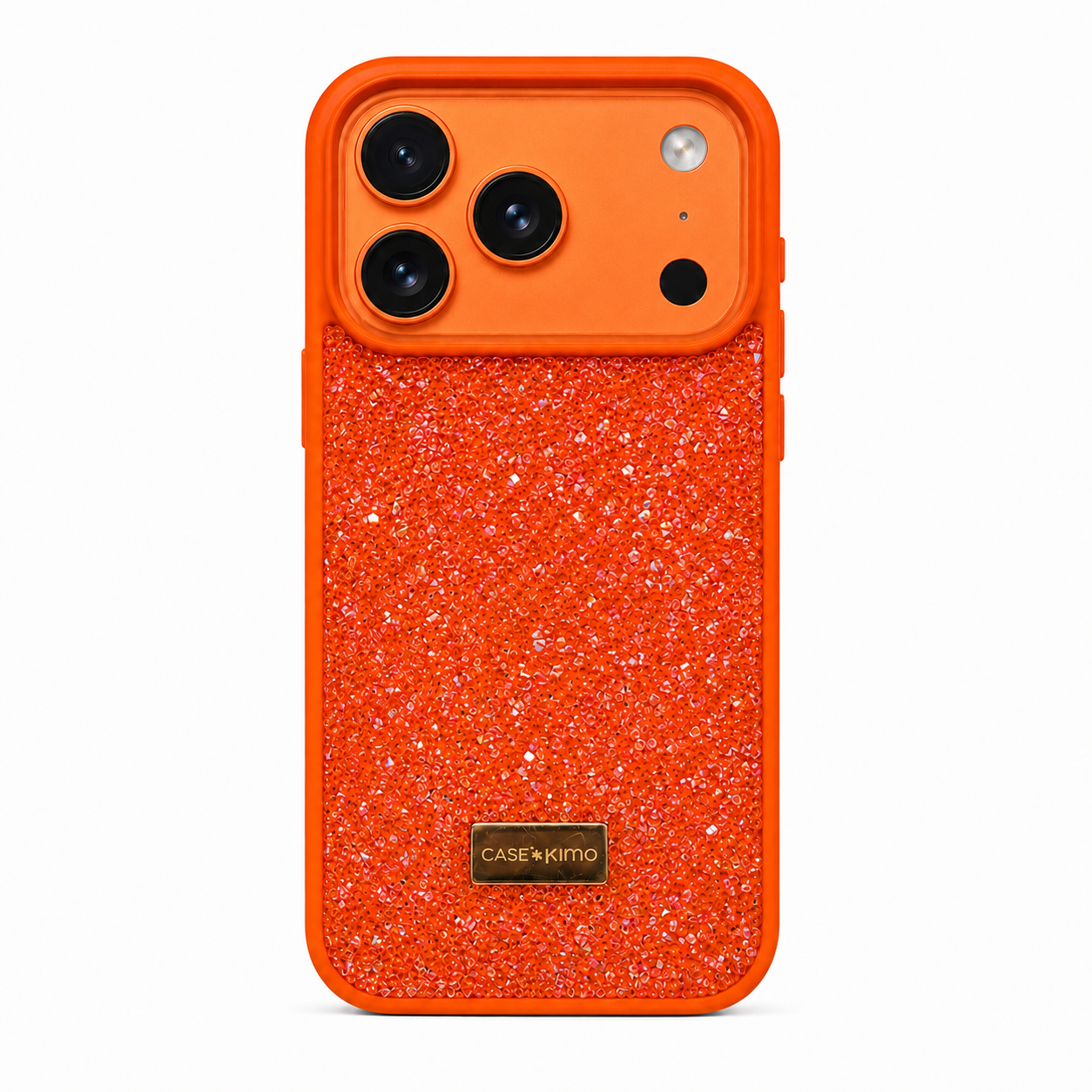 Protector Diamante Kimo iPhone 17 Pro Naranja - vista frontal con teléfono