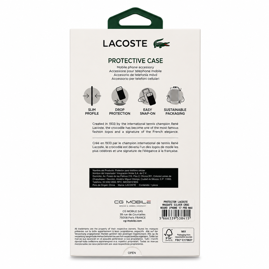 Protector Lacoste Negro MagSafe iPhone 17 Pro Max | Silver Croc