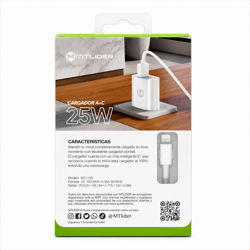 Cargador rápido con cable PD 25W USB-C + Lightning para iPhone – Doble Puerto A+C