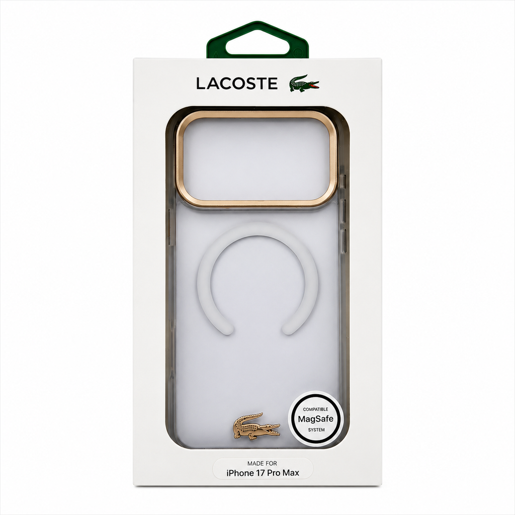 Protector Lacoste MagSafe iPhone 17 Pro Max – Transparente con Marco Dorado