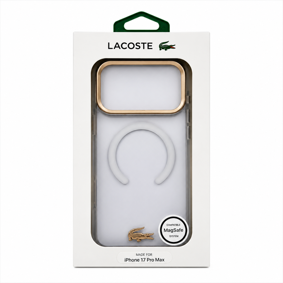 Protector Lacoste MagSafe iPhone 17 Pro Max – Transparente con Marco Dorado