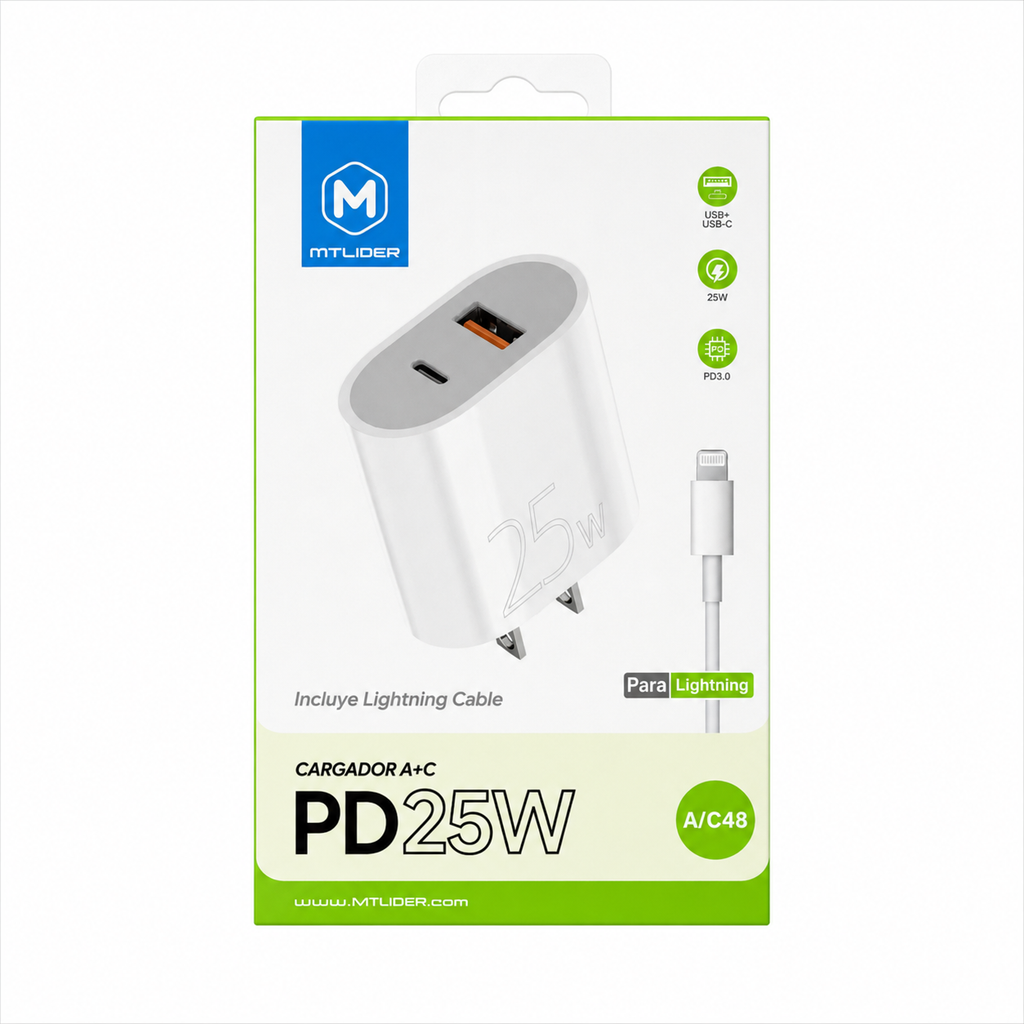 Cargador rápido con cable PD 25W USB-C + Lightning para iPhone – Doble Puerto A+C