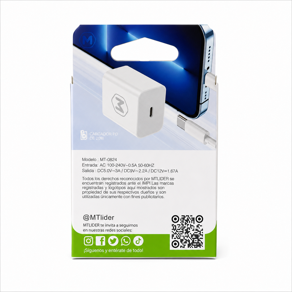Cargador 20W Tipo-C con Cable Lightning 1M MTlider – Carga Rápida iPhone