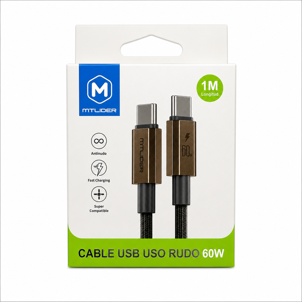 Cable USB-C a USB-C Uso Rudo 60W Carga Rápida 1 Metro | Mt Líder