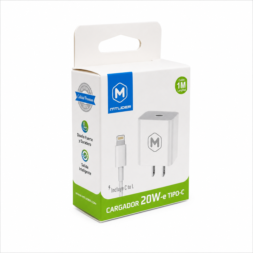 Cargador 20W Tipo-C con Cable Lightning 1M MTlider – Carga Rápida iPhone