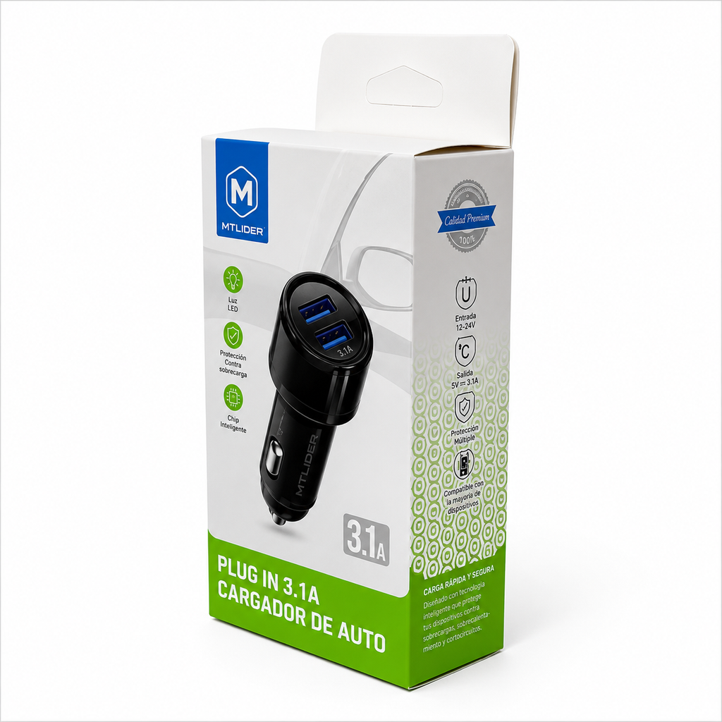 Cargador de Auto Doble USB 3.1A MTLider – Carga Rápida con Chip Inteligente