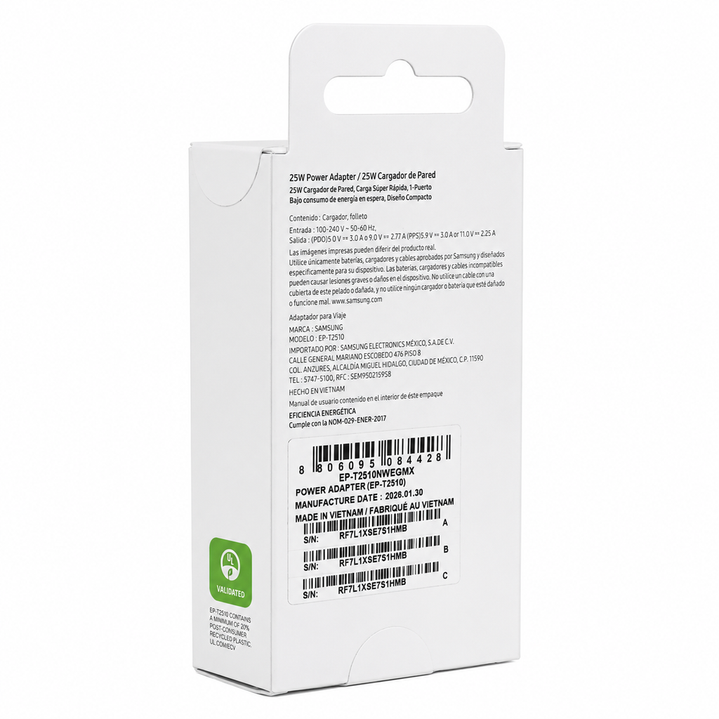 Cubo Cargador Samsung 25W Original Blanco USB-C (Sin Cable)