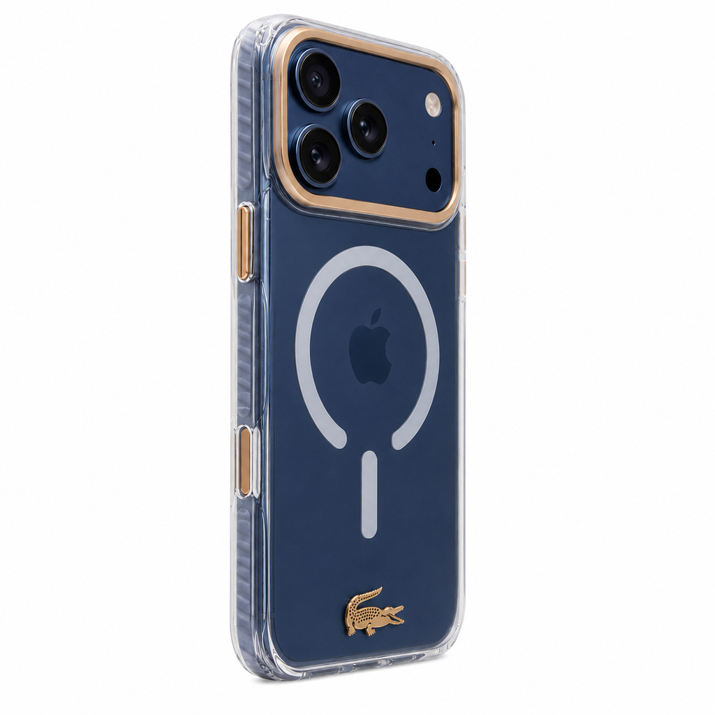 Protector Lacoste MagSafe iPhone 17 Pro Max – Transparente con Marco Dorado