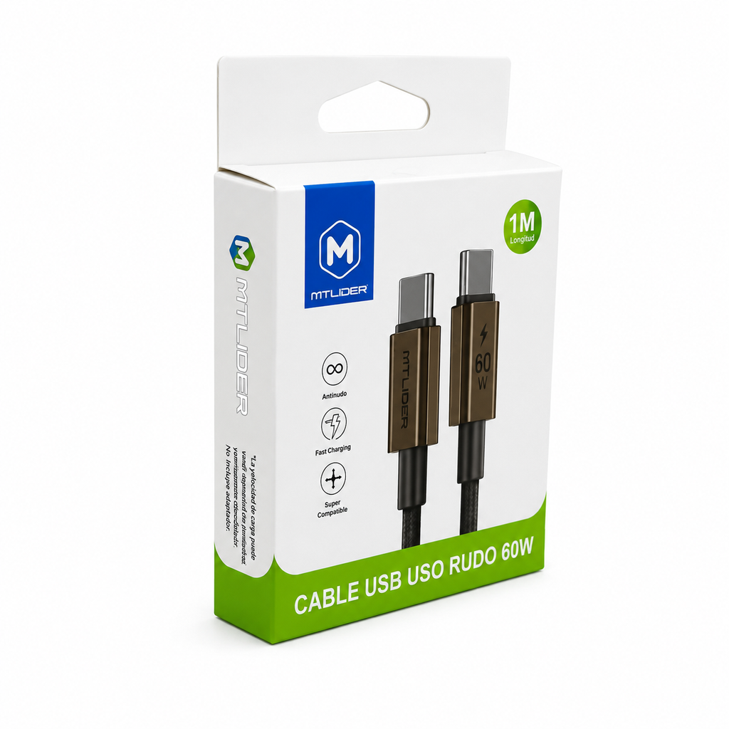 Cable USB-C a USB-C Uso Rudo 60W Carga Rápida 1 Metro | Mt Líder
