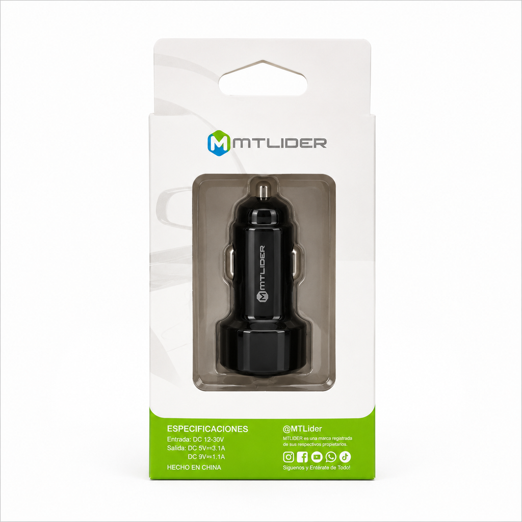 Cargador de Auto Doble USB 3.1A MTLider – Carga Rápida con Chip Inteligente