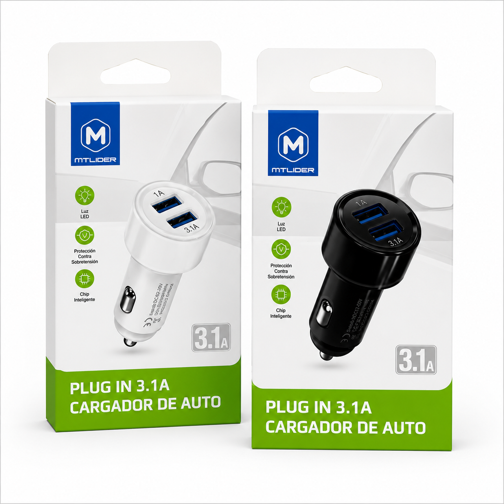 Cargador de Auto Doble USB 3.1A MTLider – Carga Rápida con Chip Inteligente