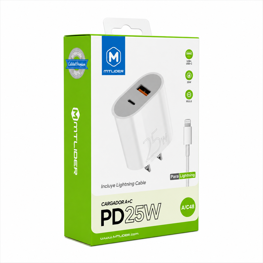 Cargador rápido con cable PD 25W USB-C + Lightning para iPhone – Doble Puerto A+C