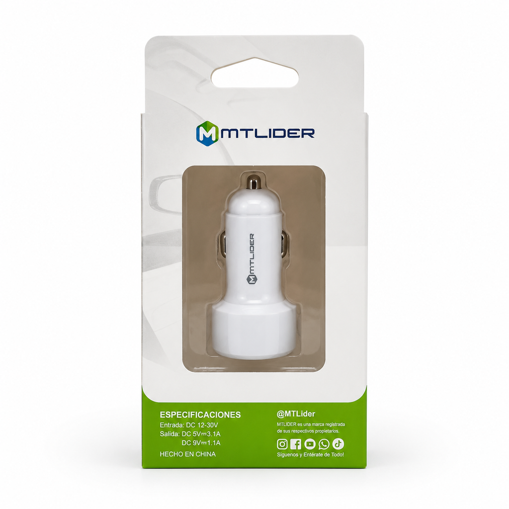 Cargador de Auto Doble USB 3.1A MTLider – Carga Rápida con Chip Inteligente