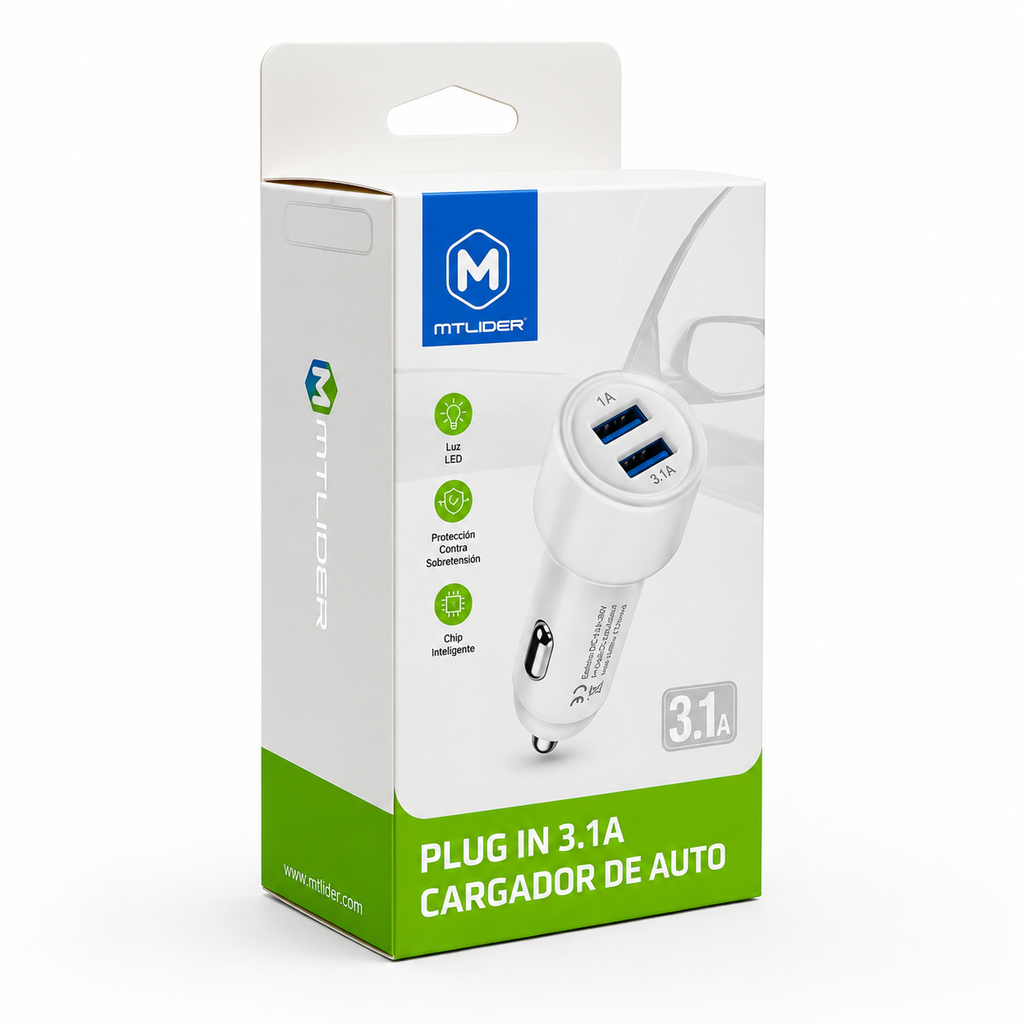 Cargador de Auto Doble USB 3.1A MTLider – Carga Rápida con Chip Inteligente