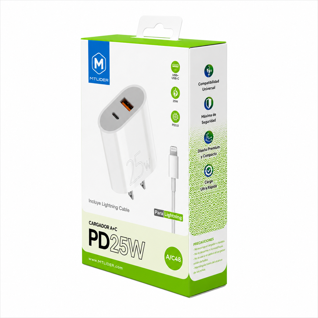 Cargador rápido con cable PD 25W USB-C + Lightning para iPhone – Doble Puerto A+C