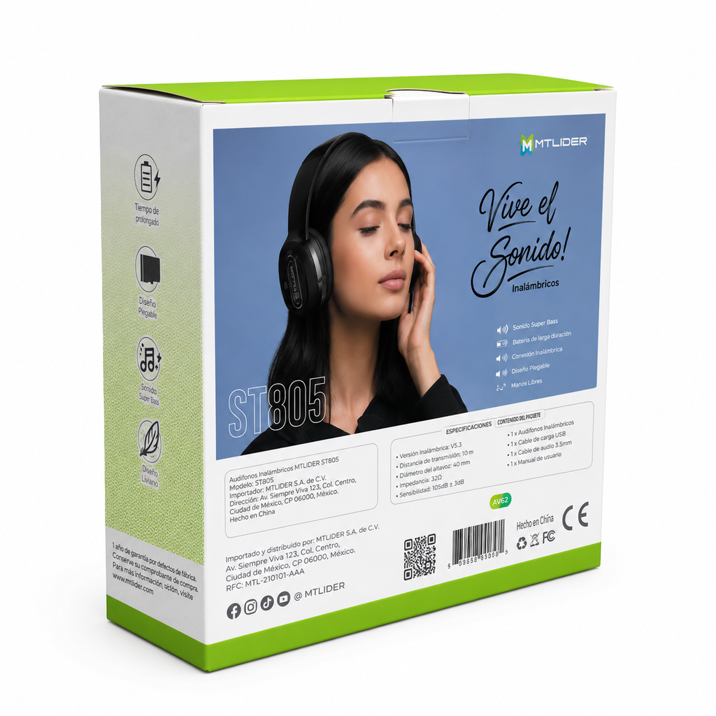 Audífonos Inalámbricos MTLIDER ST805 Super Bass Bluetooth 5.3  |  Negro