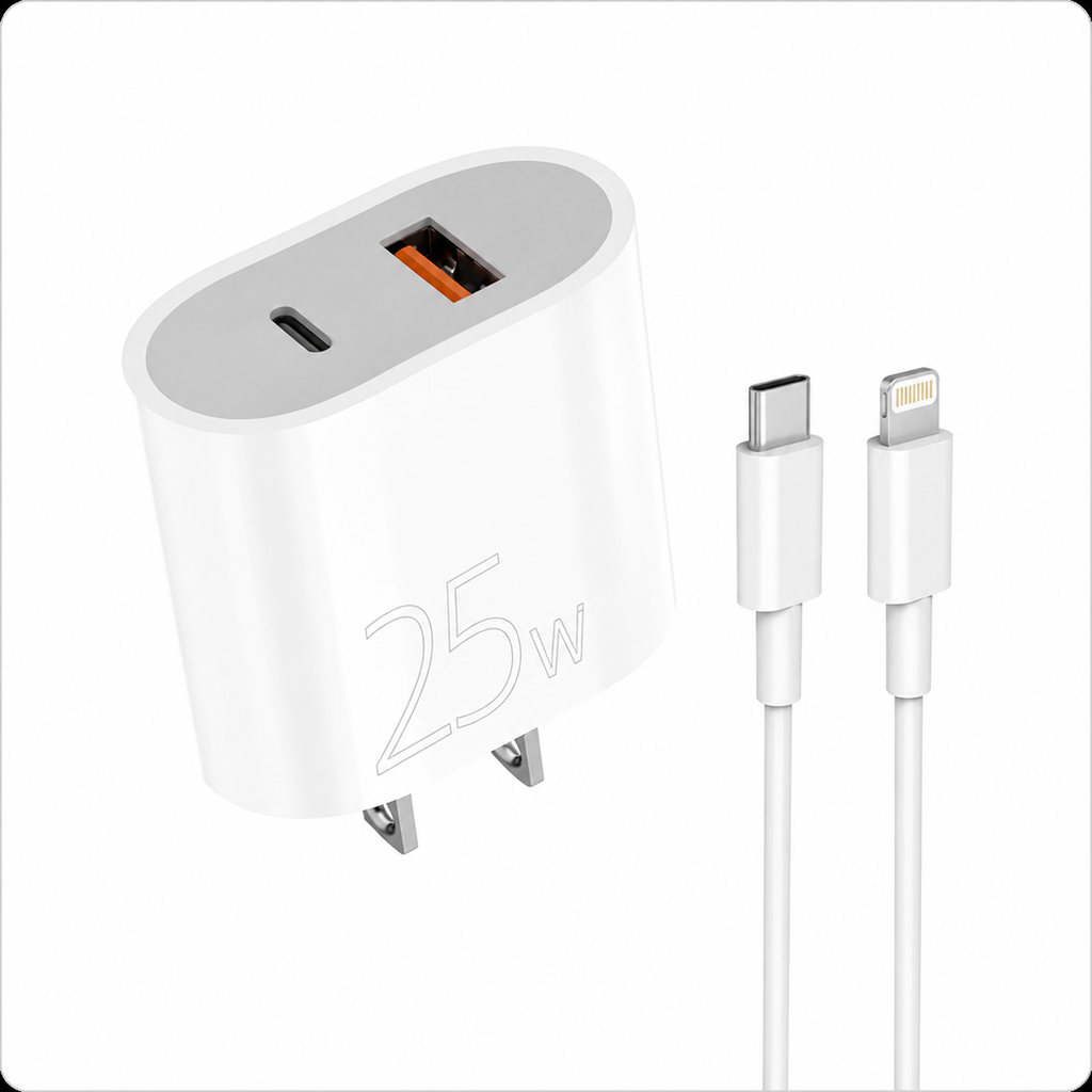 Cargador rápido con cable PD 25W USB-C + Lightning para iPhone – Doble Puerto A+C